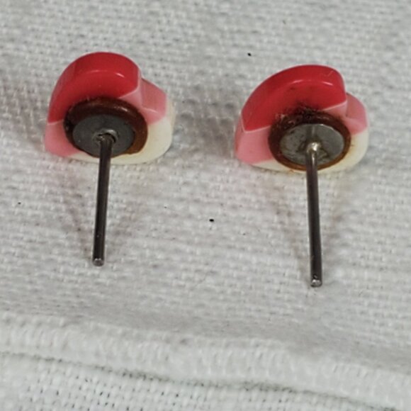Tiny Pink Stripe White Heart Post Stud Earrings - Picture 4 of 6